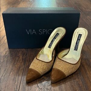 Gianvito Rossi Brown and Gold Mules